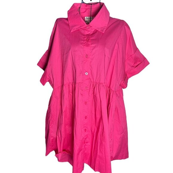 Arula Women's XL Button Up Shirt Tunic Dress Hot Pink Collared Barbiecore Preppy - Picture 1 of 6